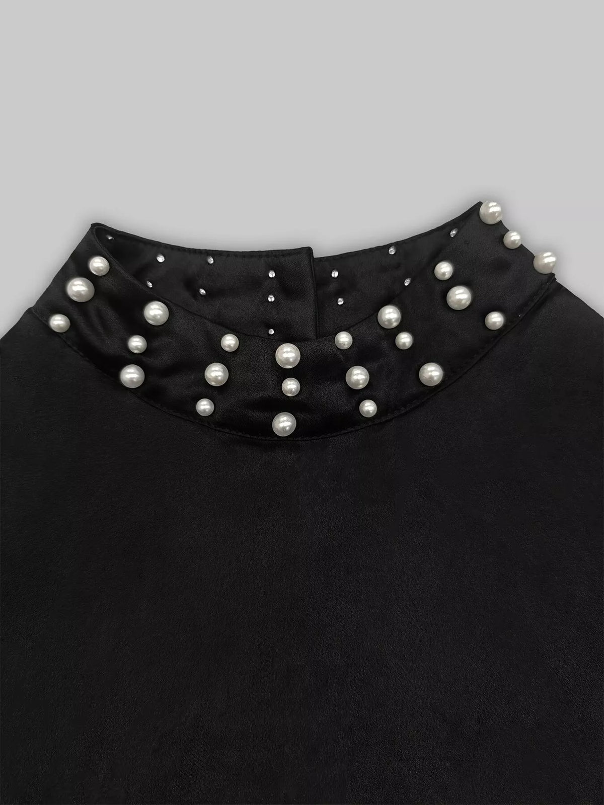 Pearl-Embellished Ruffle Hem Dress in Black