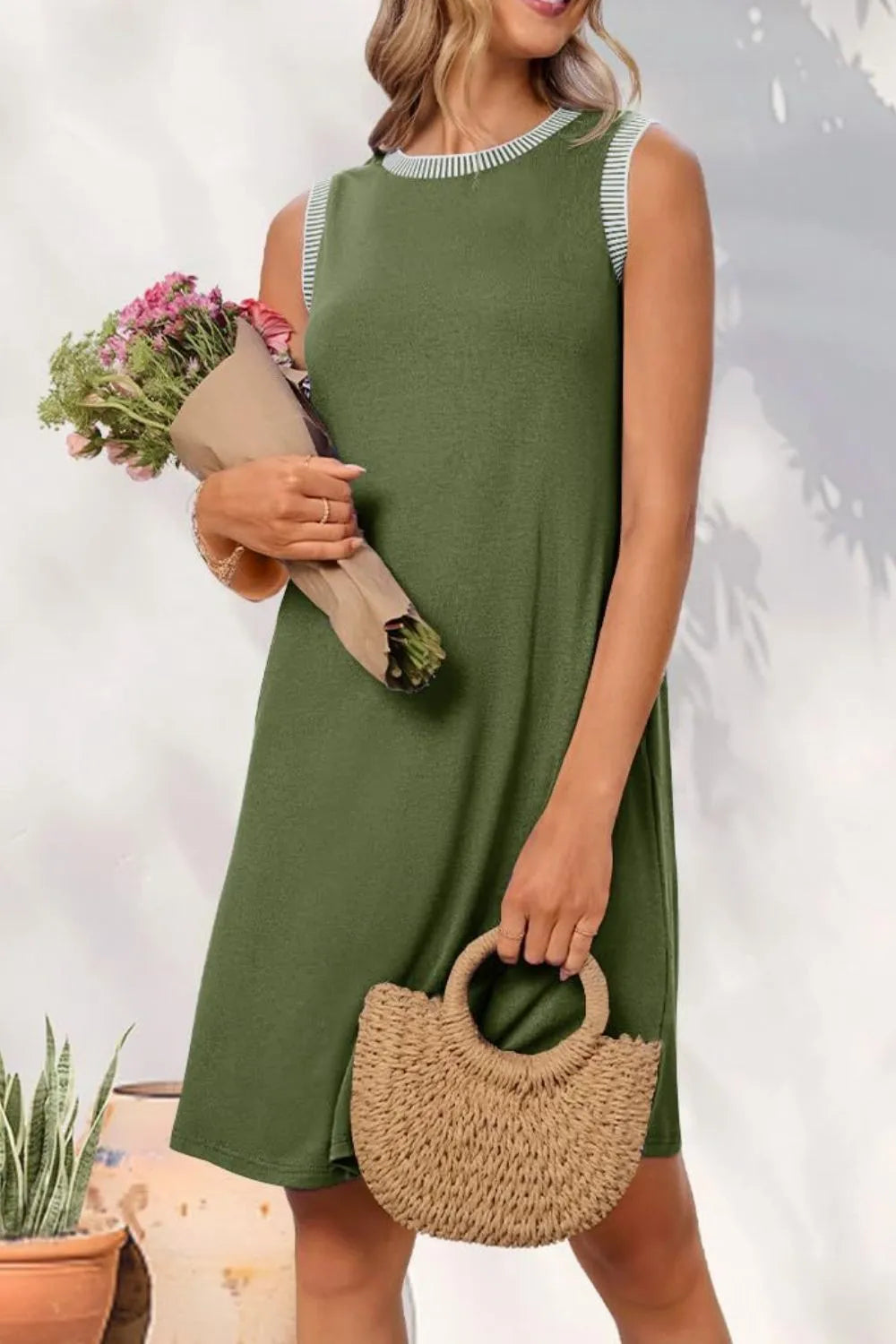 Round Neck Sleeveless Tank Dress with Pockets