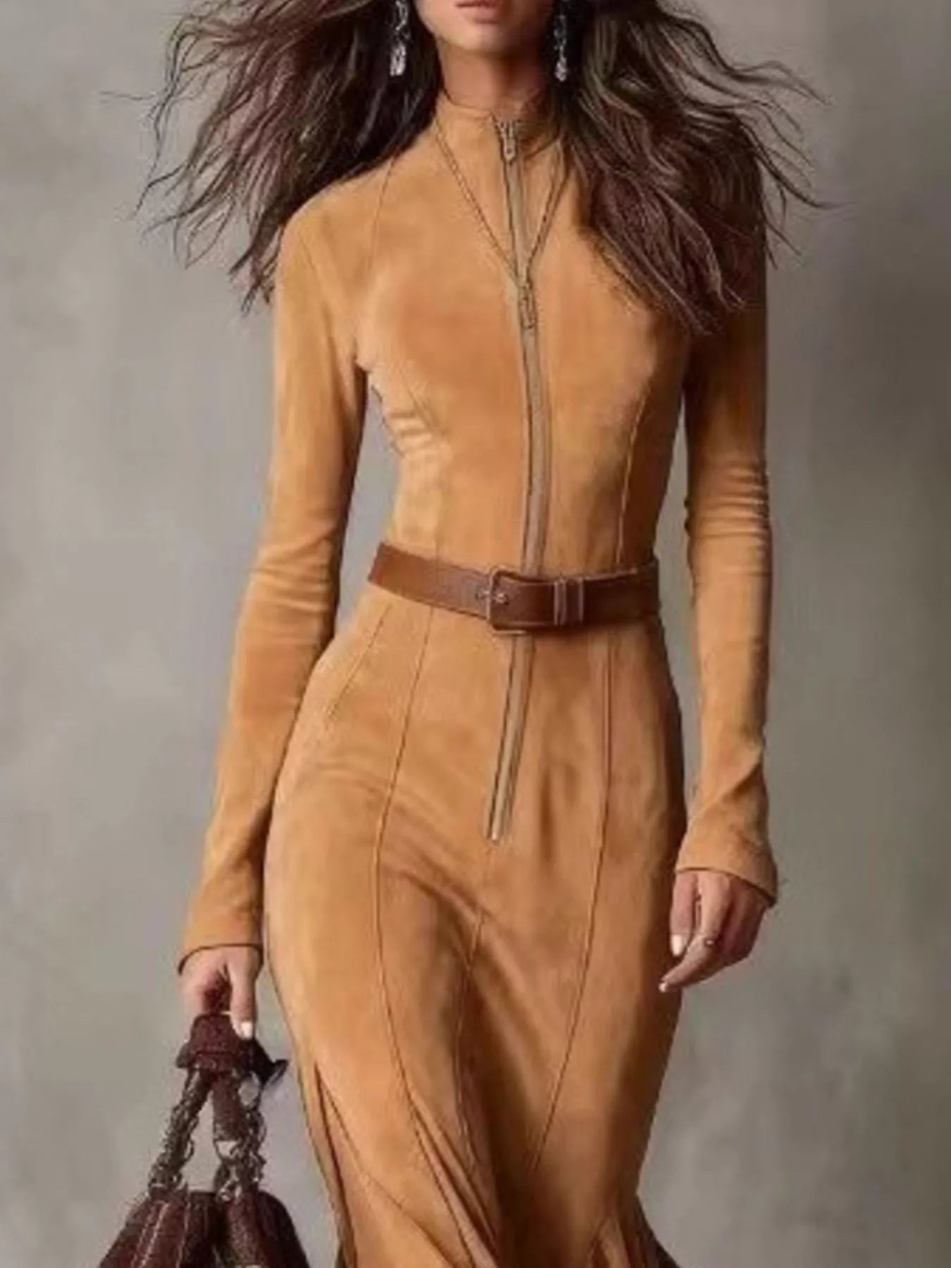 Belted Zip-Front Slit Maxi Dress