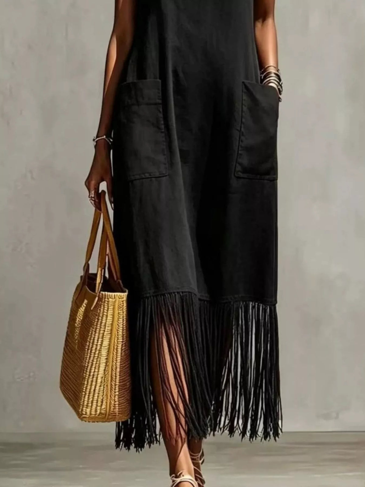 Fringe V-Neck Spaghetti Strap Dress in Blue
