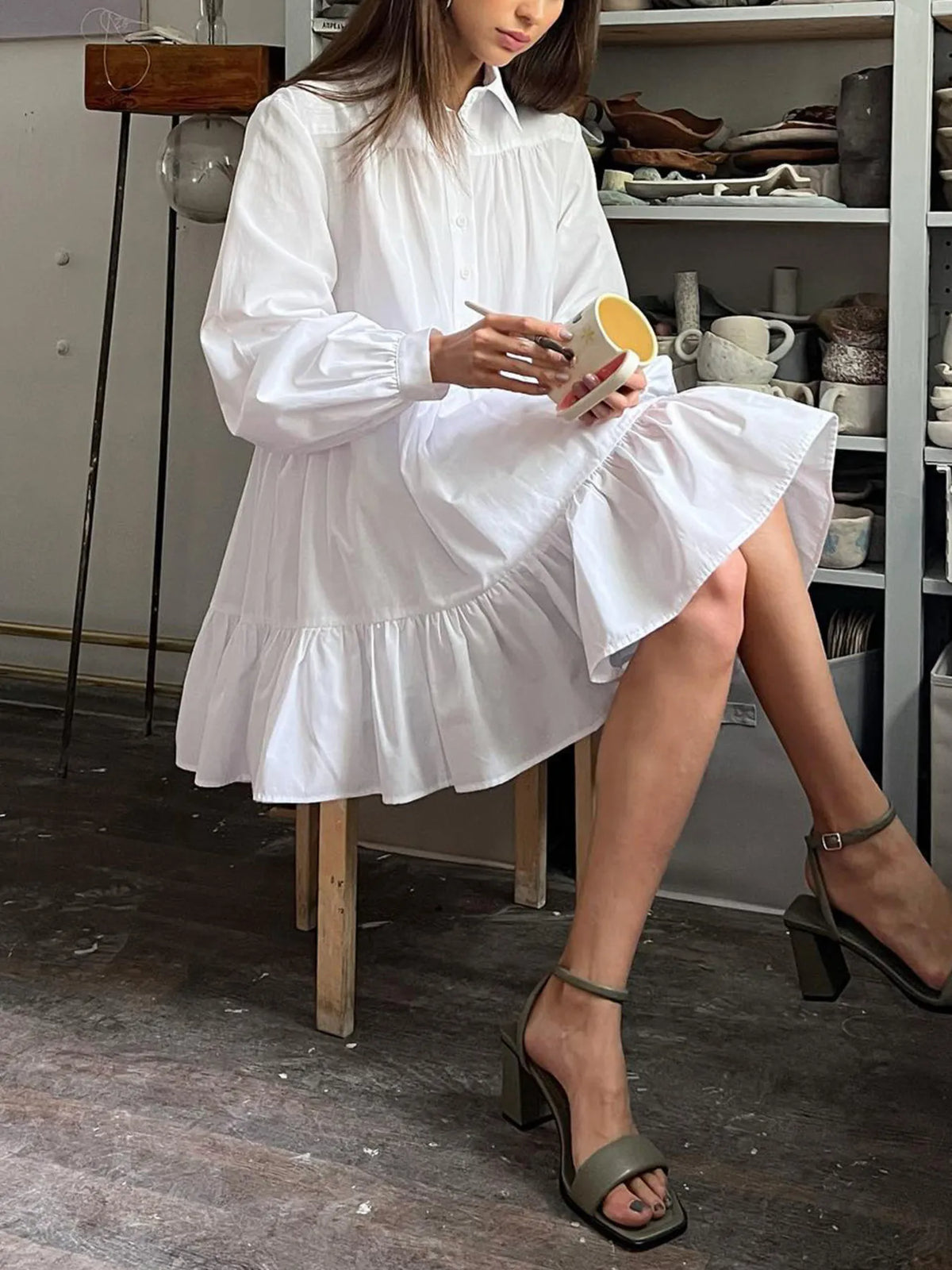 Tiered Ruffle Long Sleeve Shirt Dress
