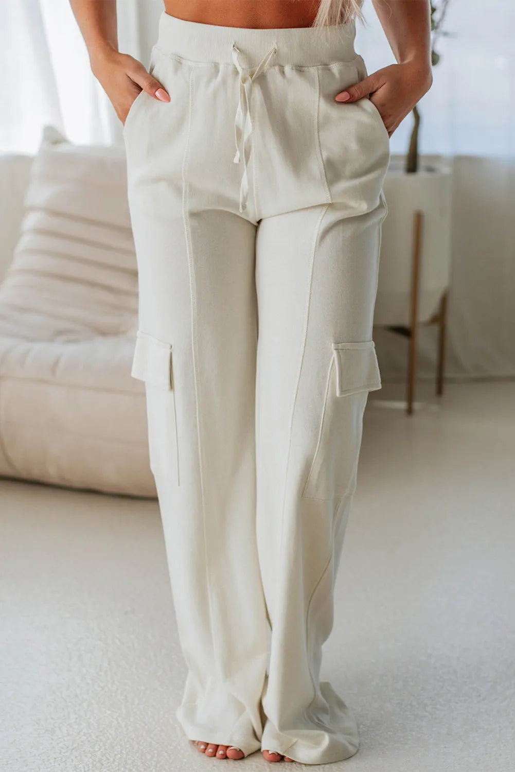 Drawstring High Waist Pants in Ivory
