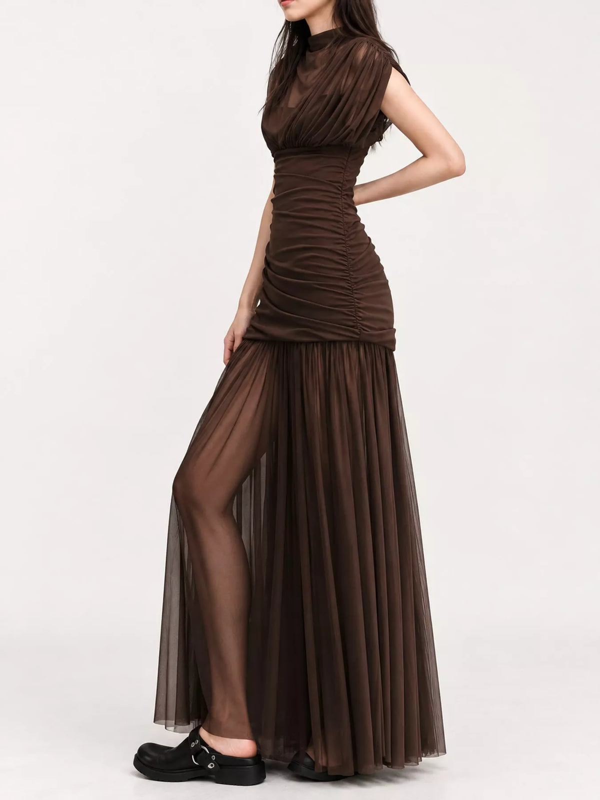 Mock Neck Ruched Mesh Maxi Dress