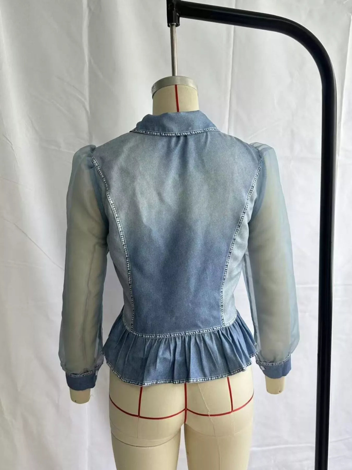 Mesh Sleeve Peplum Denim Top in Dusty Blue