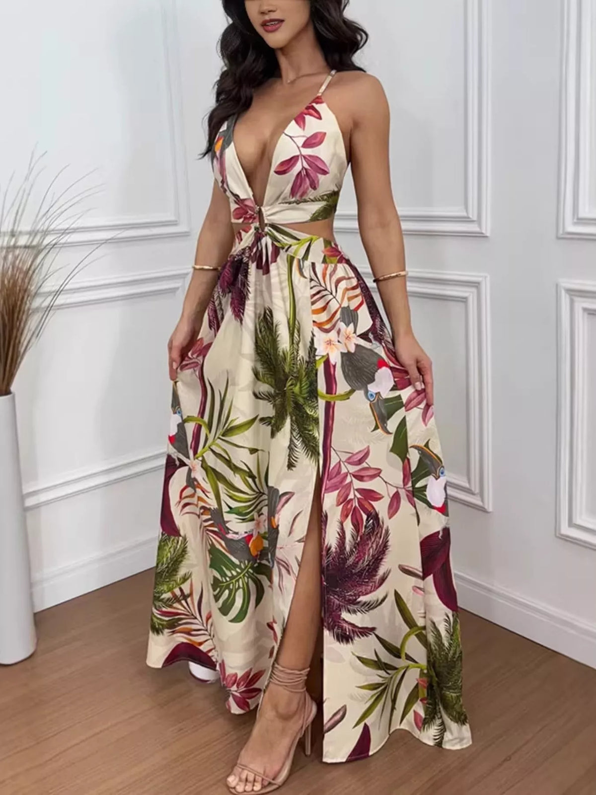 Tropical Print Plunge Cutout Maxi Dress
