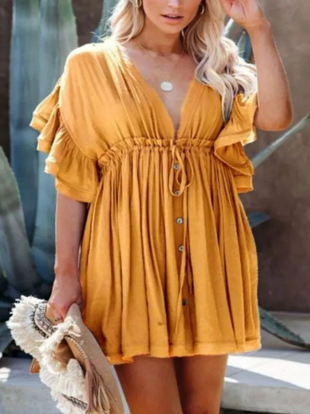 Drawstring Ruffled Mini Dress