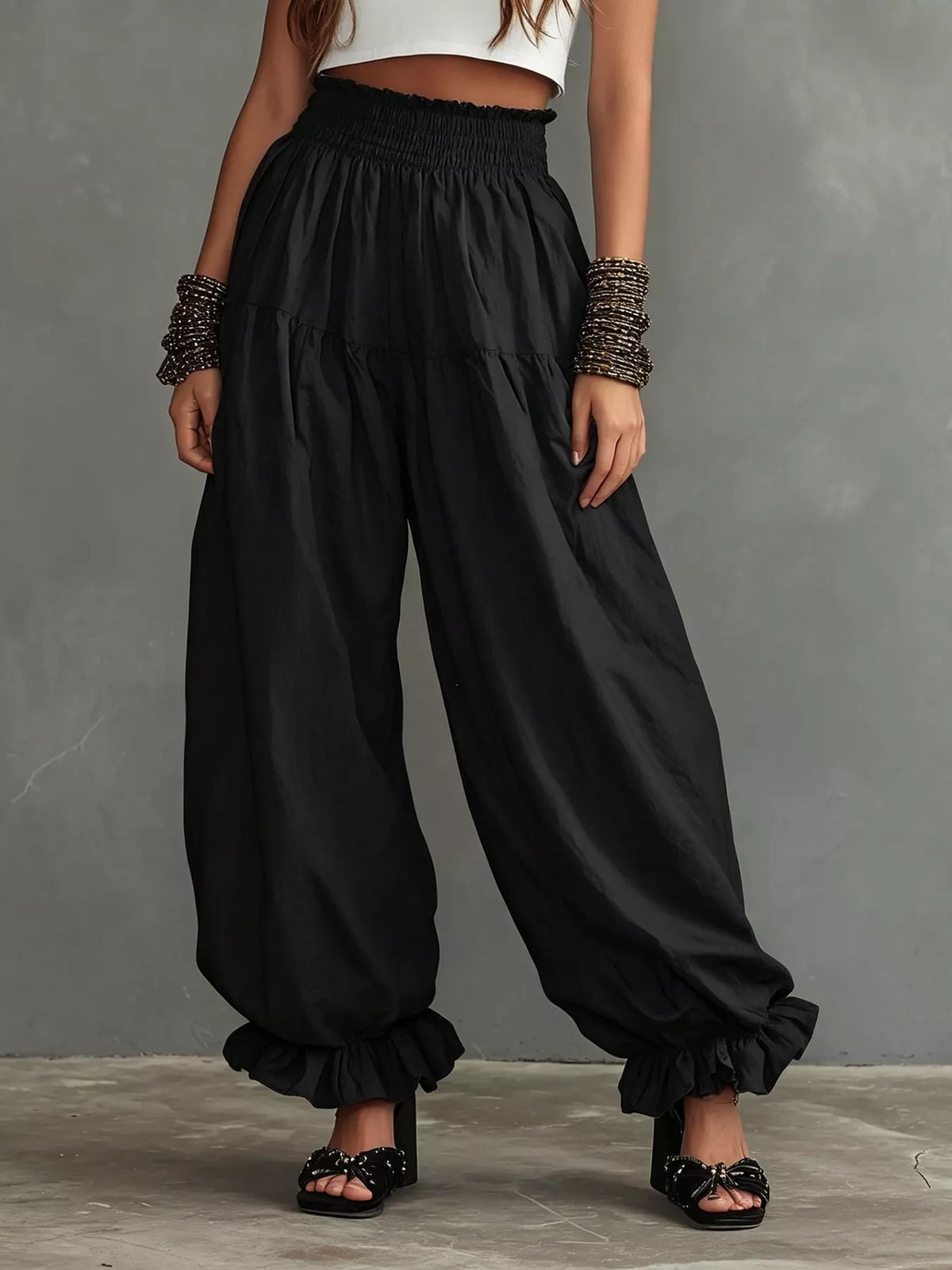 Smocked Ruffle Hem Wide Leg Pants