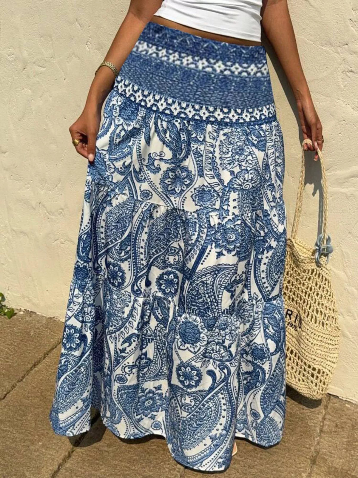 High-Waist Printed Maxi Skirt in Light Blue