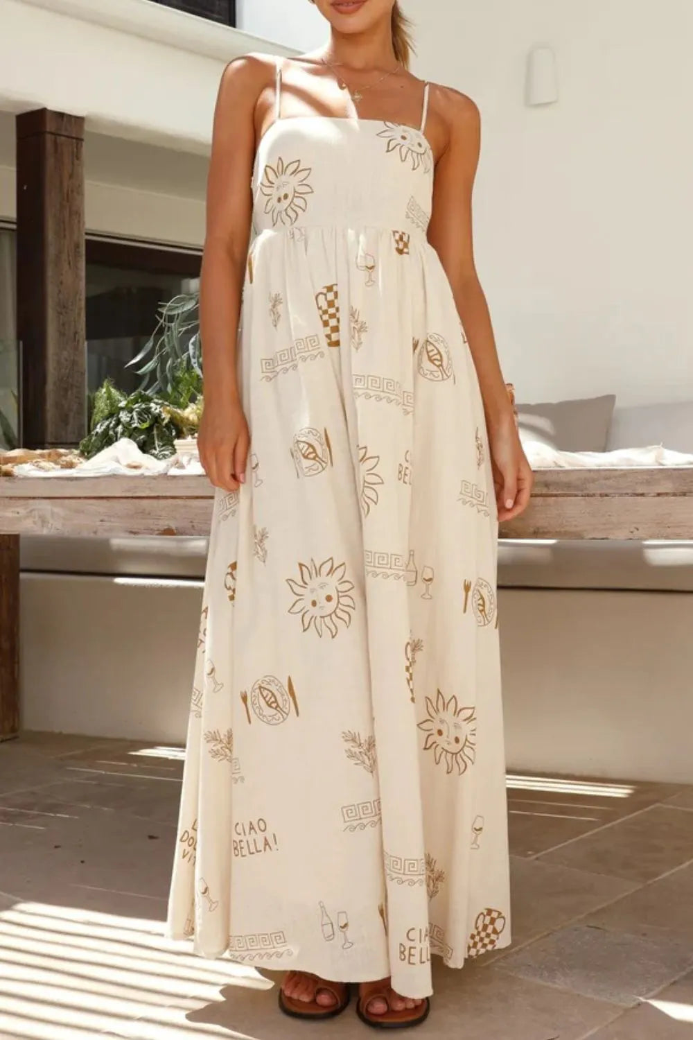 Printed Square Neck Cami Dress in Beige