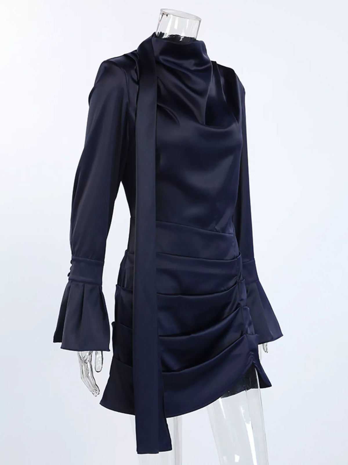Mock Neck Flounce-Sleeve Dress in Dark Navy