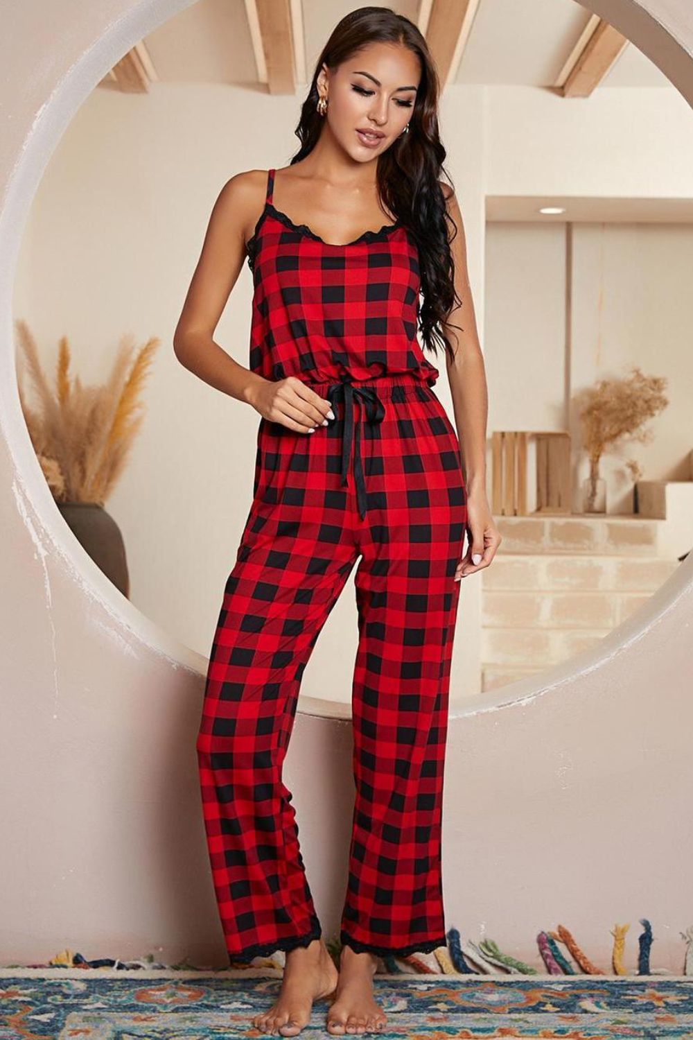 Plaid Lace-Trim Spaghetti Strap Jumpsuit in Red