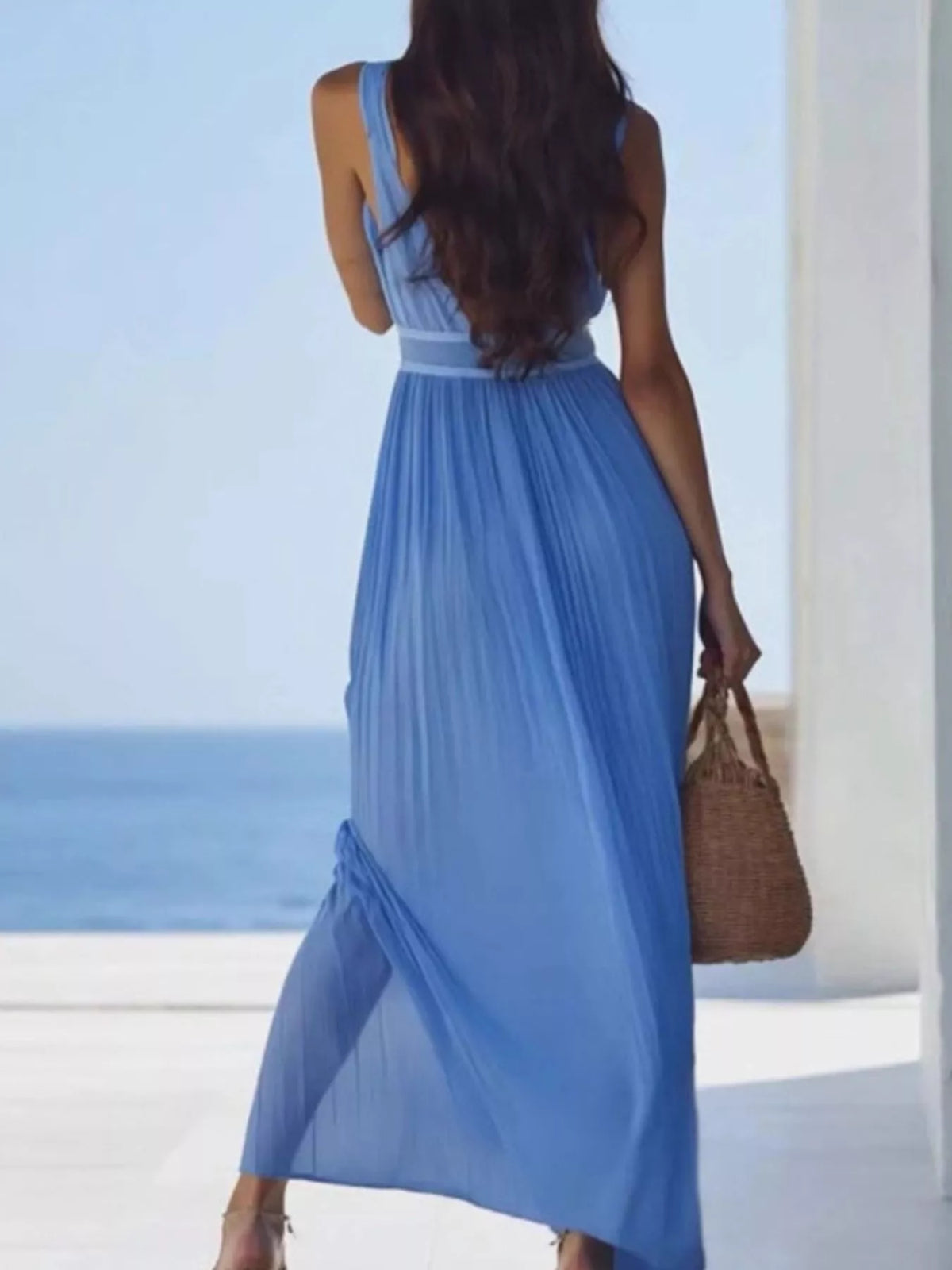 Ruched V-Neck Maxi Dress in Sky Blue