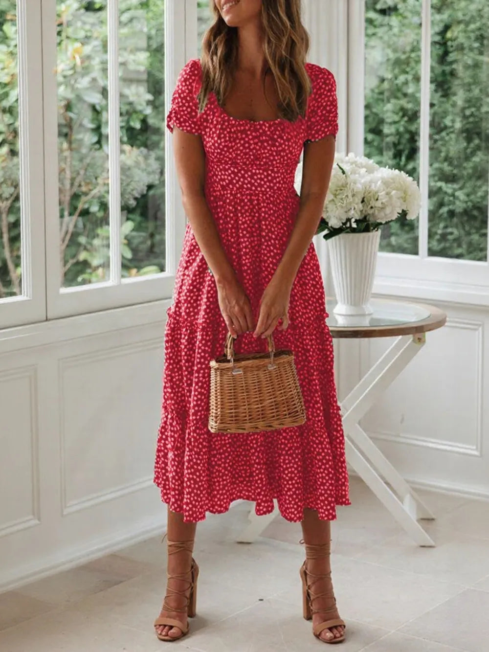 Printed Square Neck Midi Dress by Ease Mee