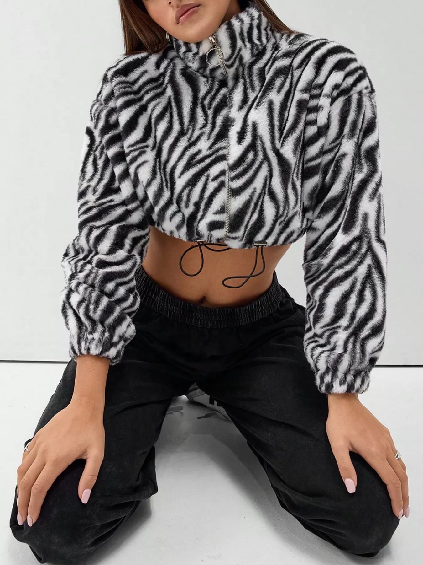 Zebra Print Plush Cropped Jacket in Black