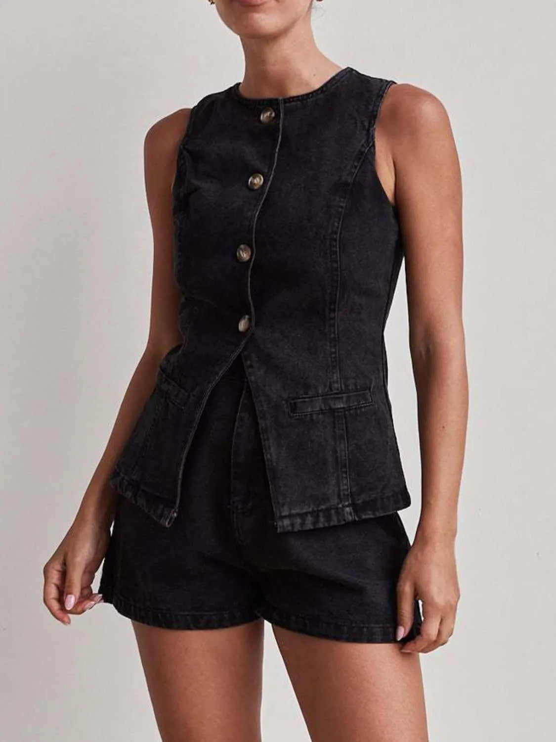 Button-Down Vest and Shorts Denim Set