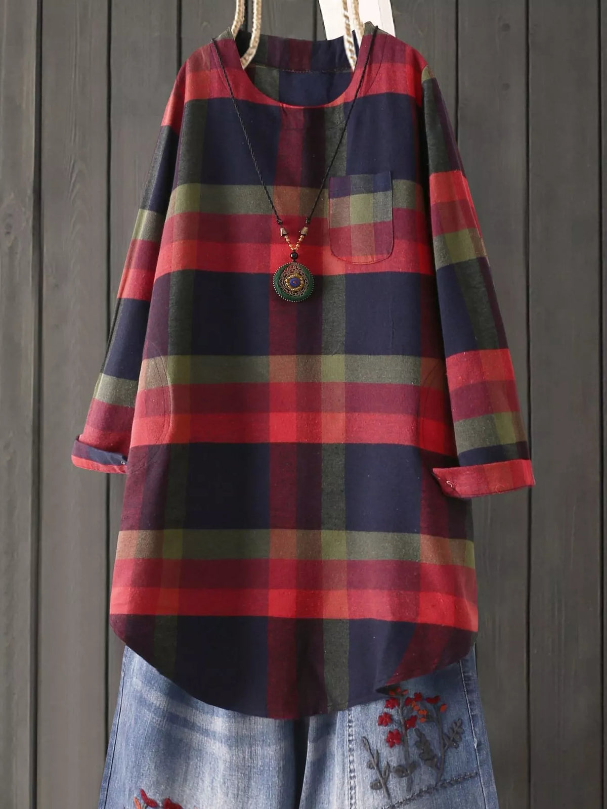 Red and Blue Plaid Vintage Long Sleeve Dress in Red And Blue-Plaid
