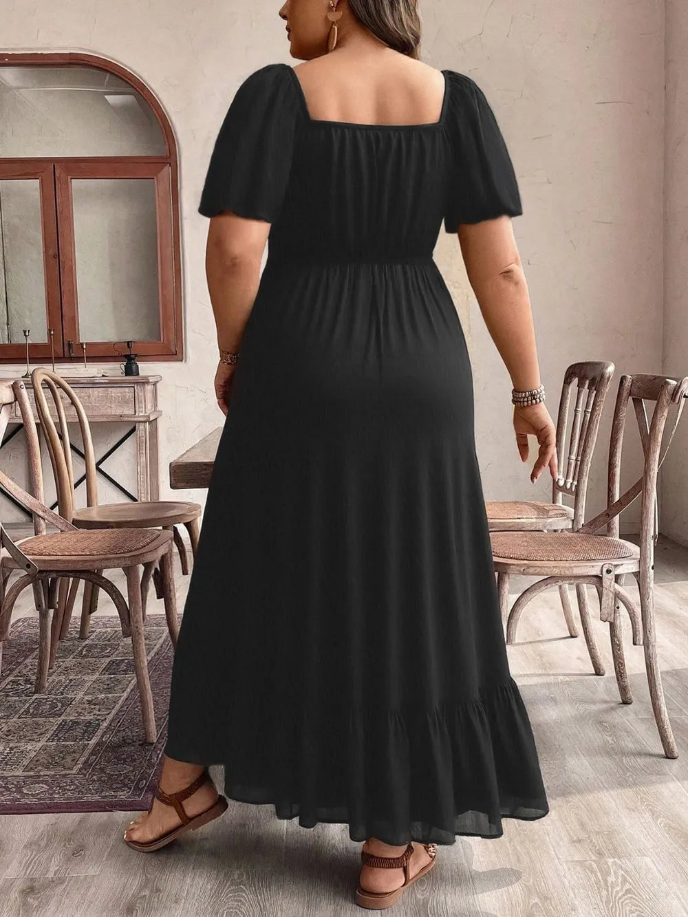 Ruffled Hem Square Neck Dress in Black