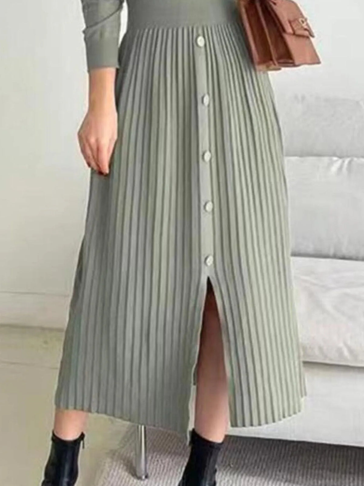Slit Front Mock Neck Long Sleeve Knit Dress