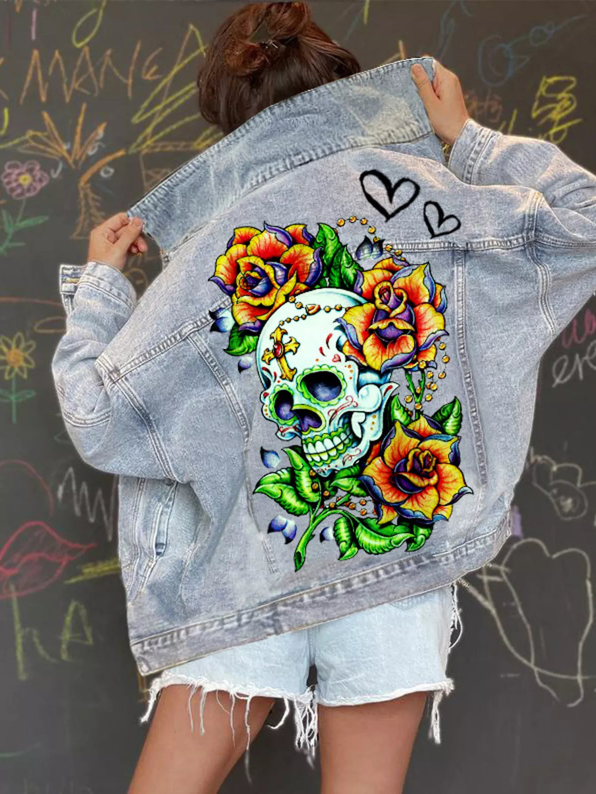 Skull Graphic Denim Jacket in Light Blue