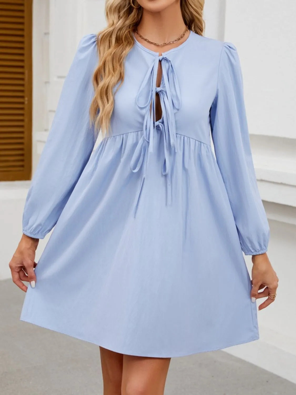 Tie Front Long Sleeve Mini Dress by Gen Beauty