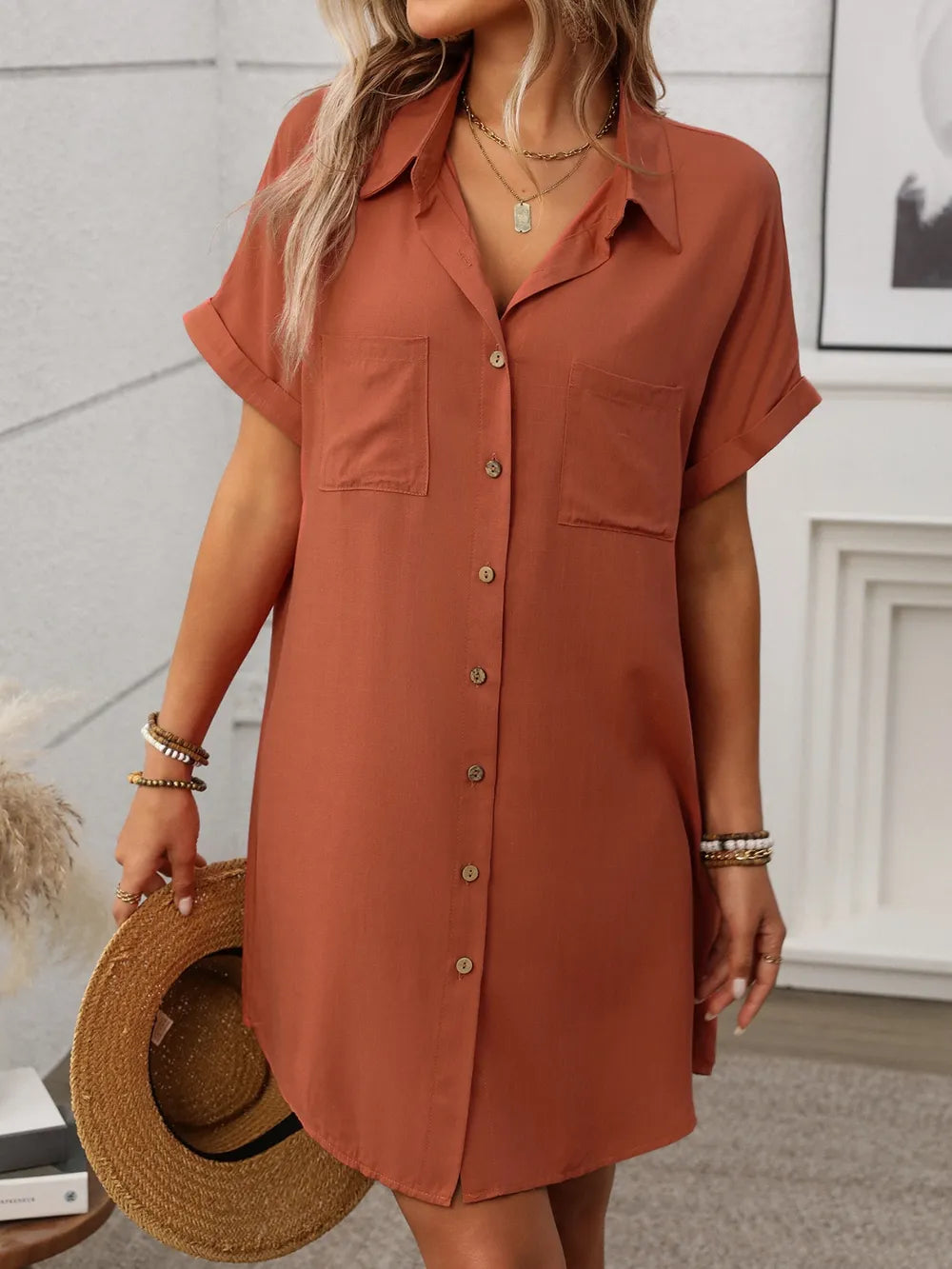 Button-Down Short Sleeve Mini Dress