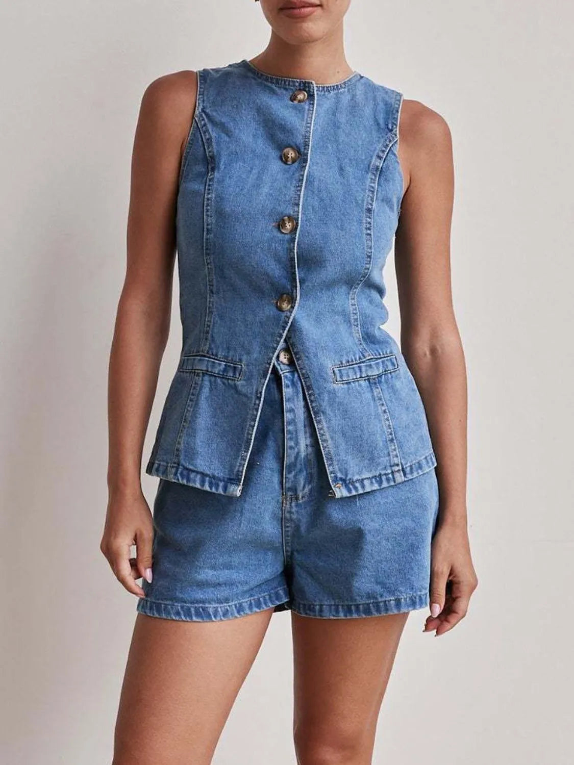 Button-Down Vest and Shorts Denim Set