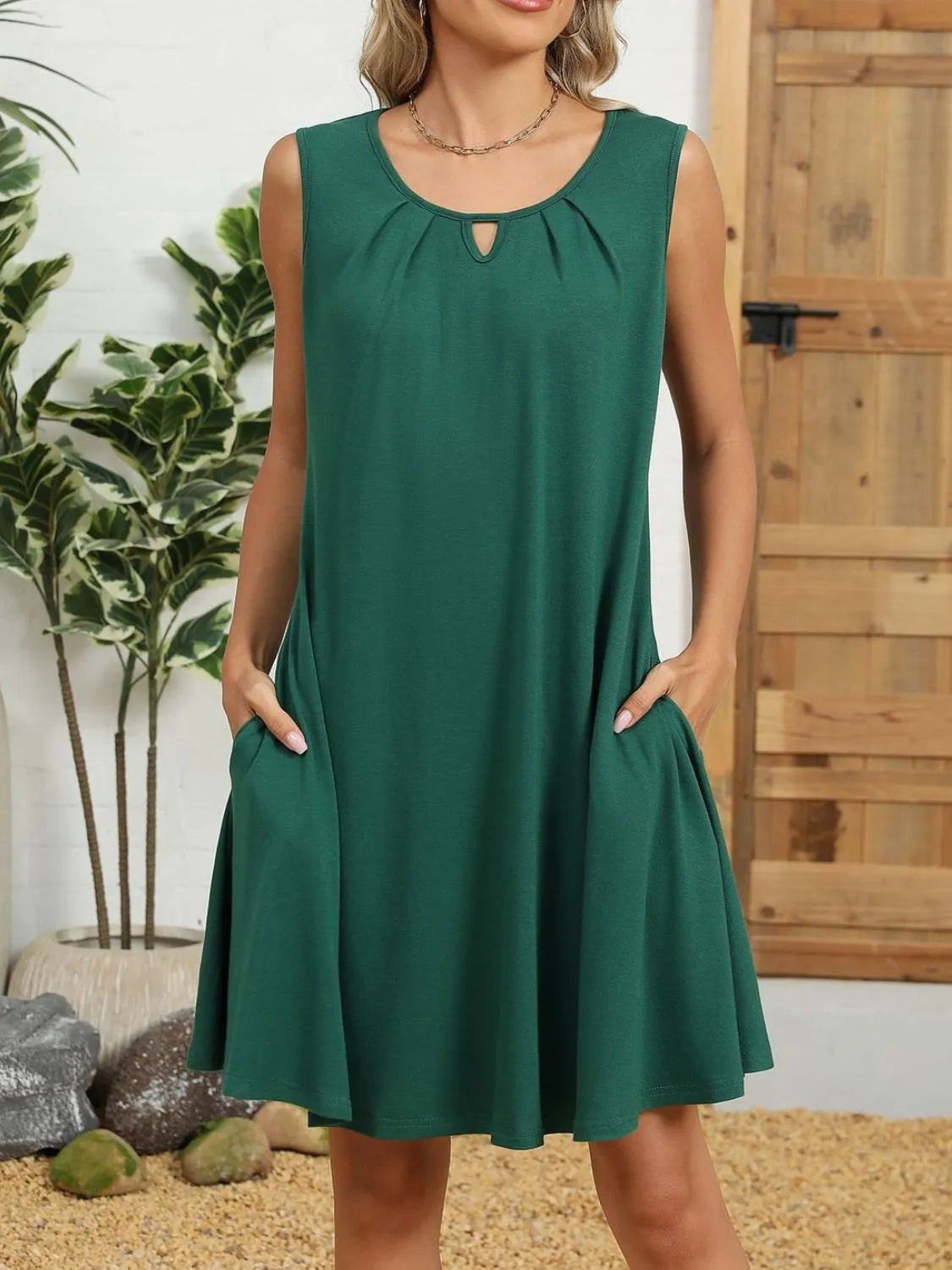 Ruched Round Neck Sleeveless Dress with Pockets