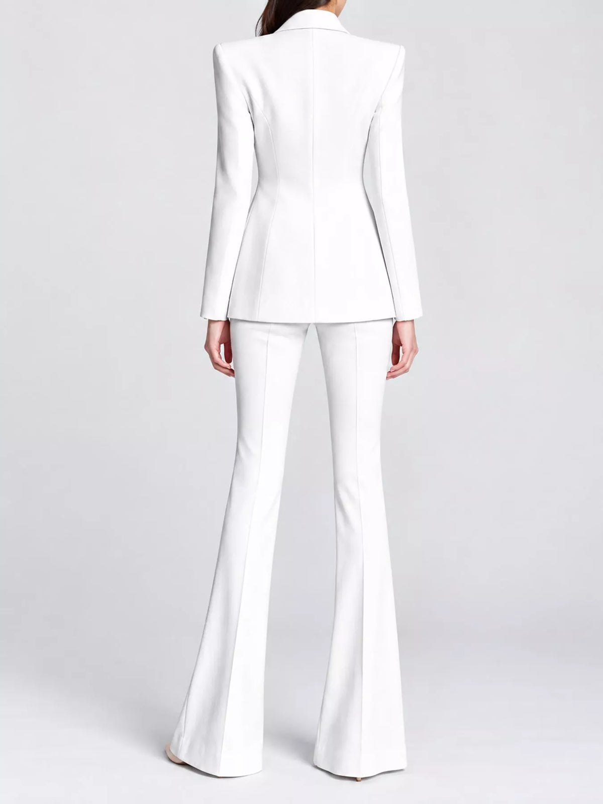 One-Button Blazer and Flared Pants Set in White