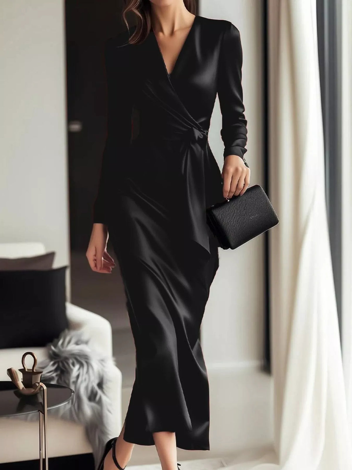 Satin Long Sleeve Wrap Dress in Black