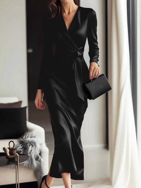 Satin Long Sleeve Wrap Dress in Black