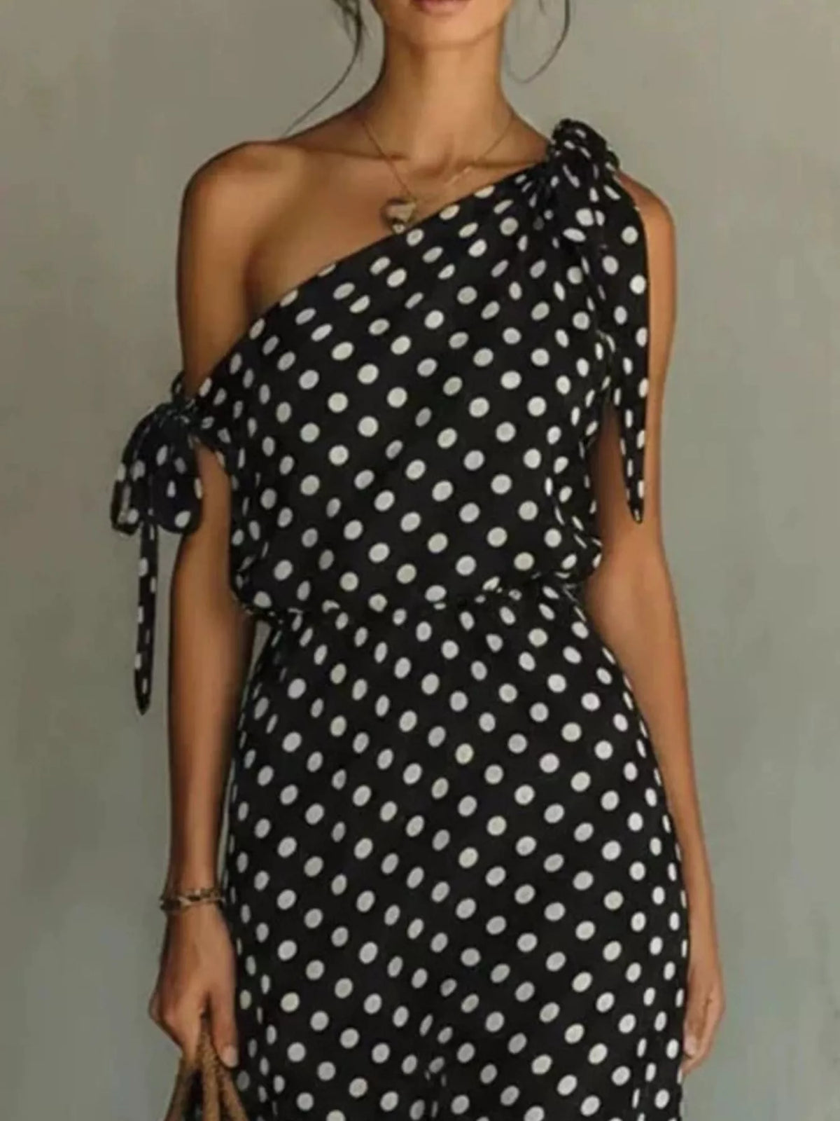 Polka Dot One-Shoulder Maxi Dress with Tie Detail