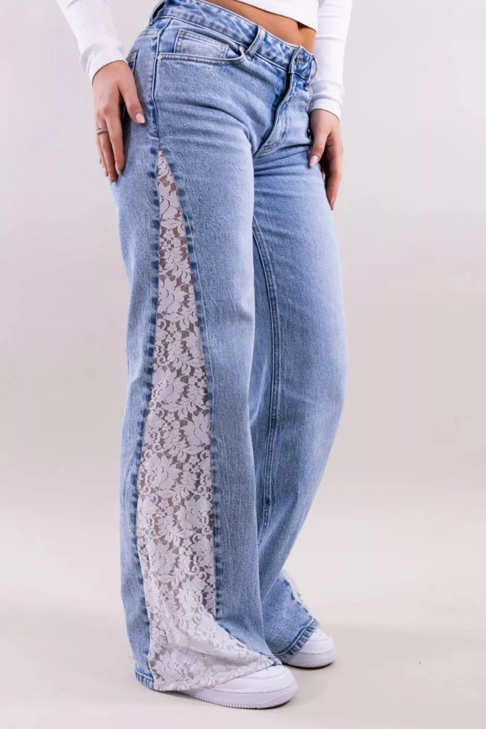Lace-Paneled Wide-Leg Jeans in Light