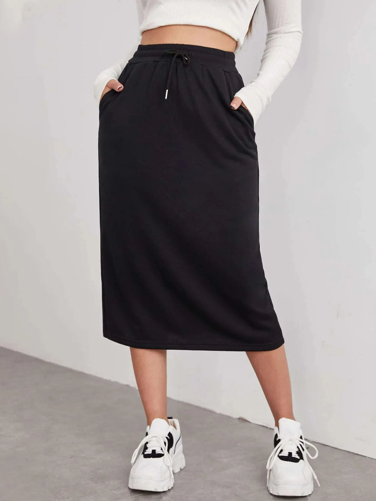 Slit Drawstring Midi Skirt