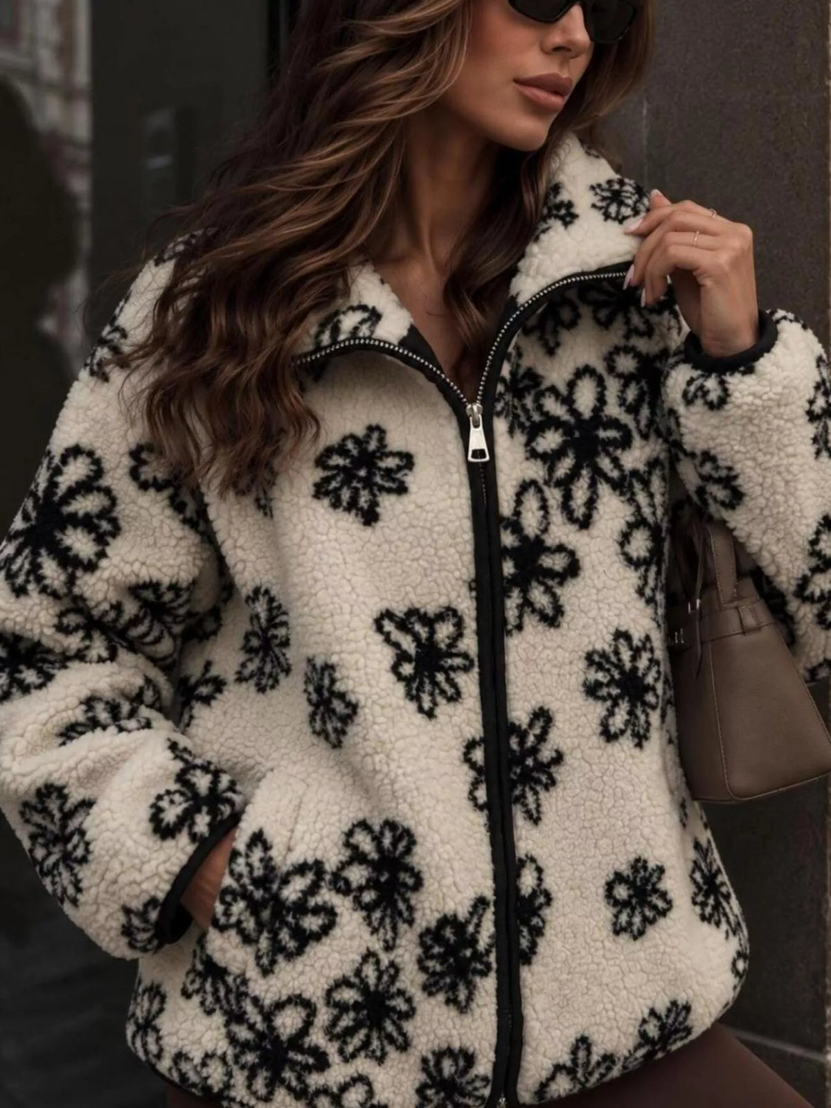 Floral Sherpa Zip-Up Jacket in White