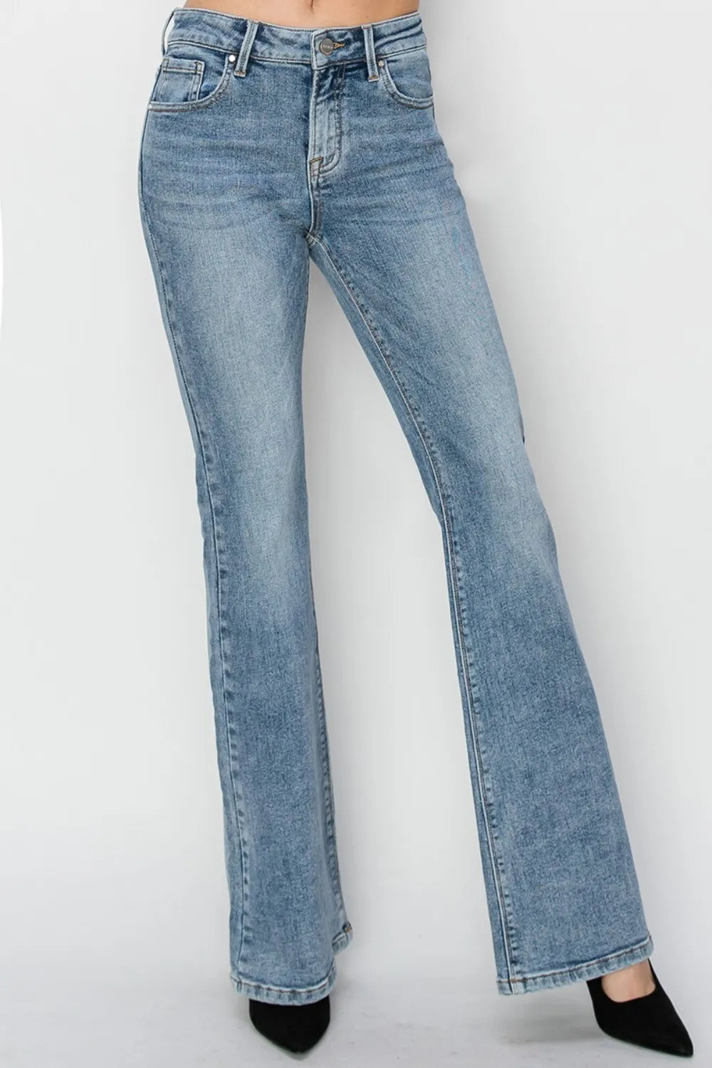 Risen Mid Rise Bootcut Jeans in Medium Wash