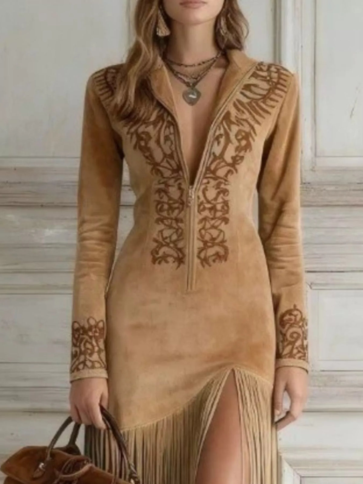 Western Suede Fringed Maxi Dress in Camel