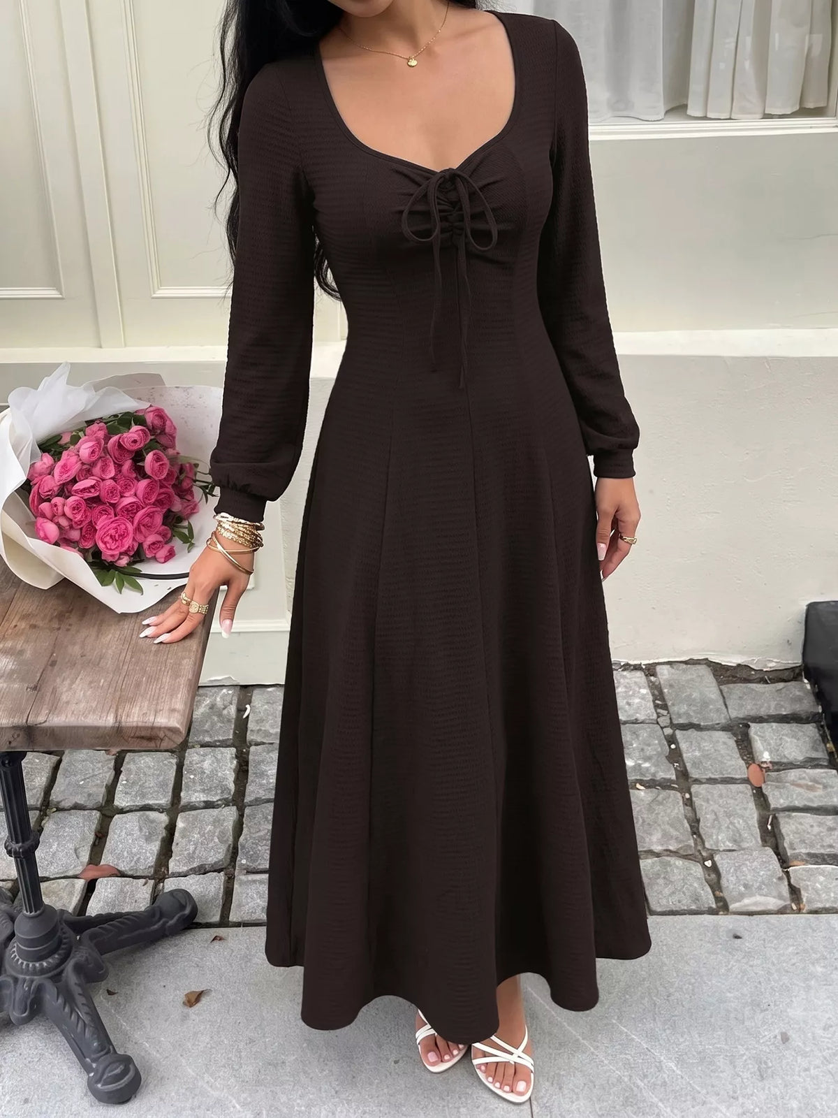 Long Sleeve Tie-Front Maxi Dress in Brown