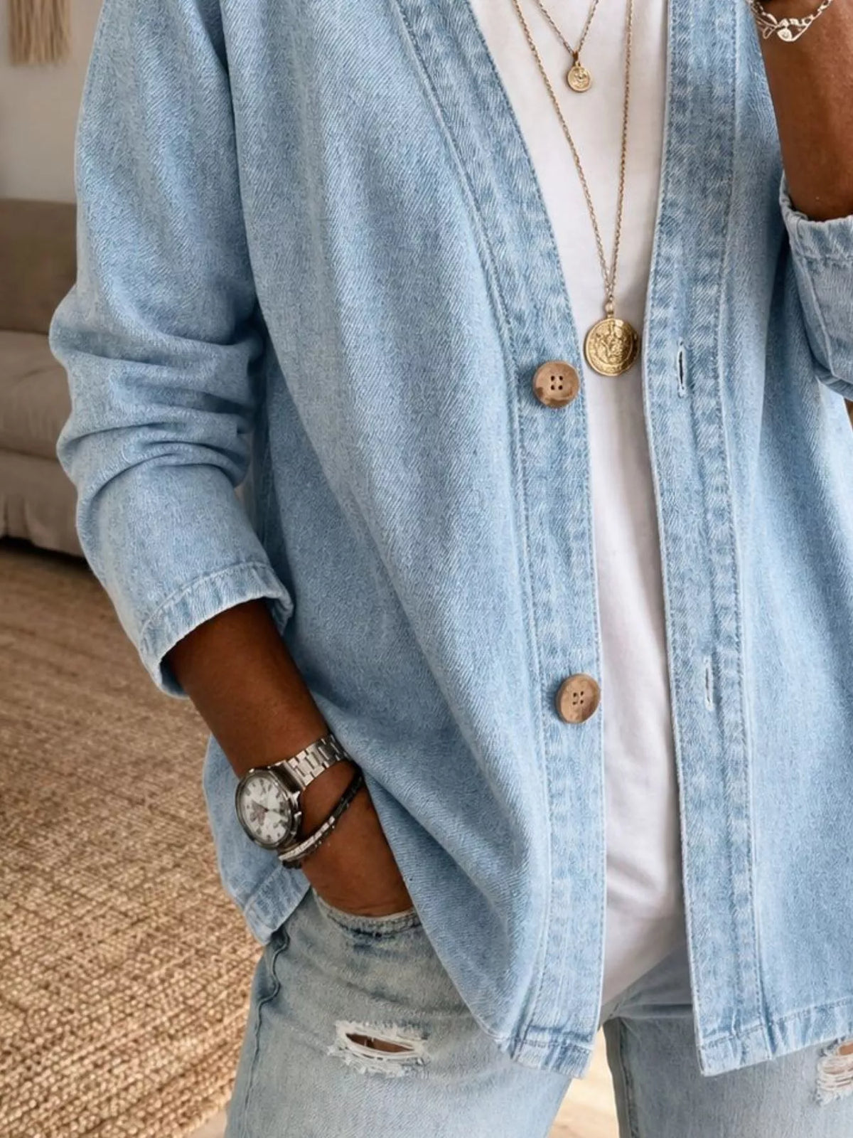 V-Neck Button-Down Denim Jacket by Invera