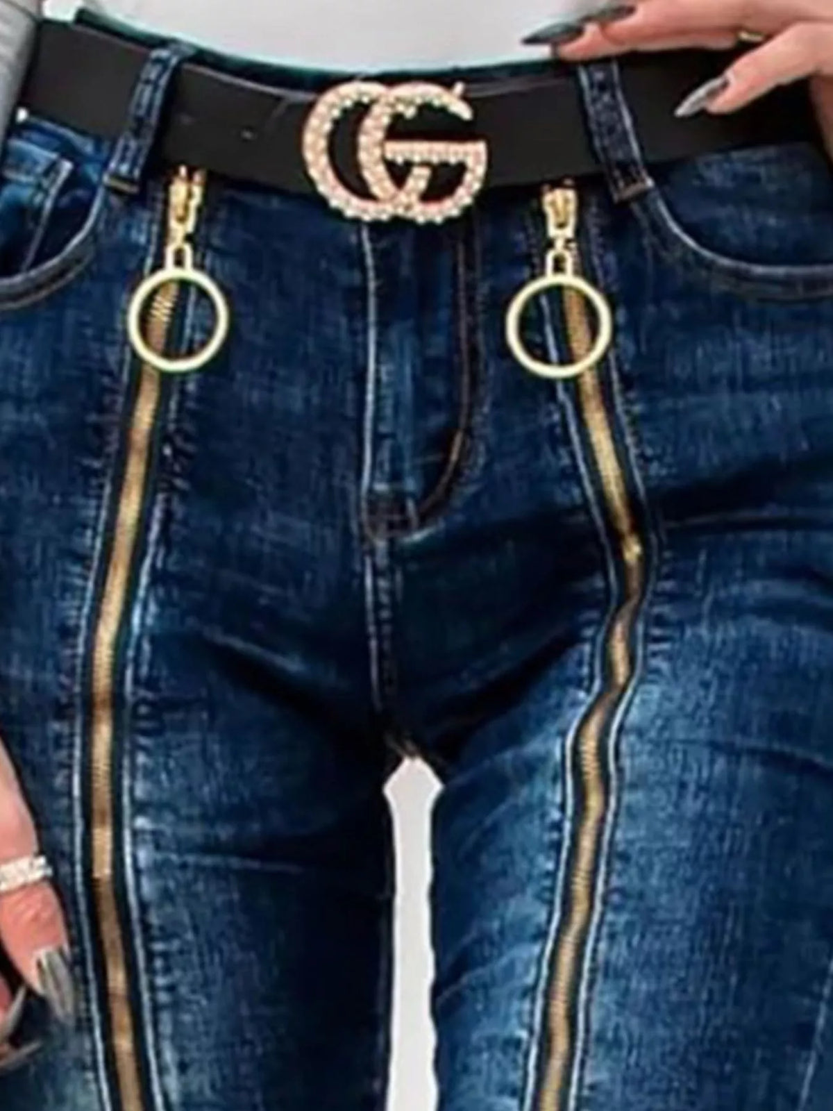 Zipper Front Skinny Jeans in Dark Blue