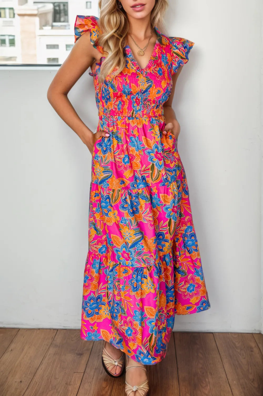Floral V-Neck Cap Sleeve Midi Dress