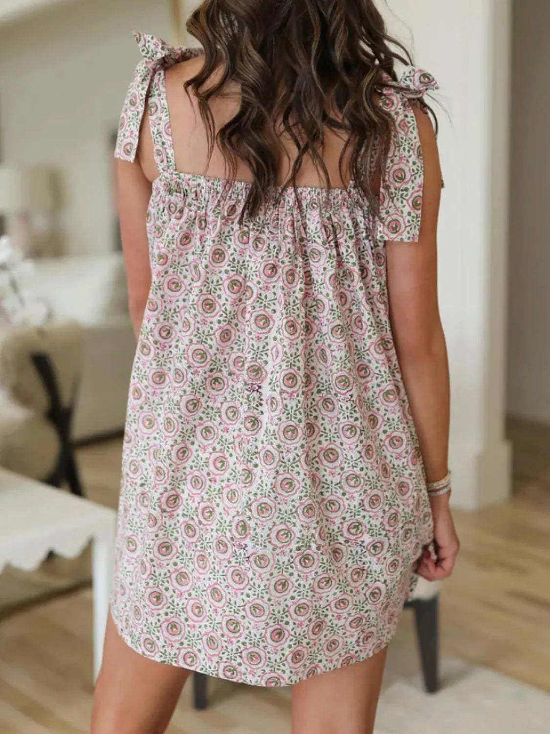 Printed Square Neck Tie-Shoulder Mini Dress by Mystique Q