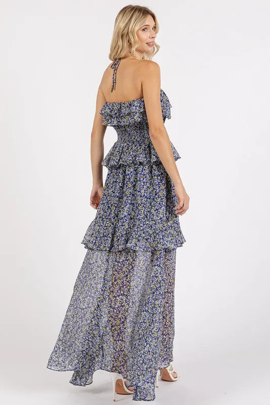 Ruffled Smocked Halter Maxi Dress in Dark Navy by Mittoshop