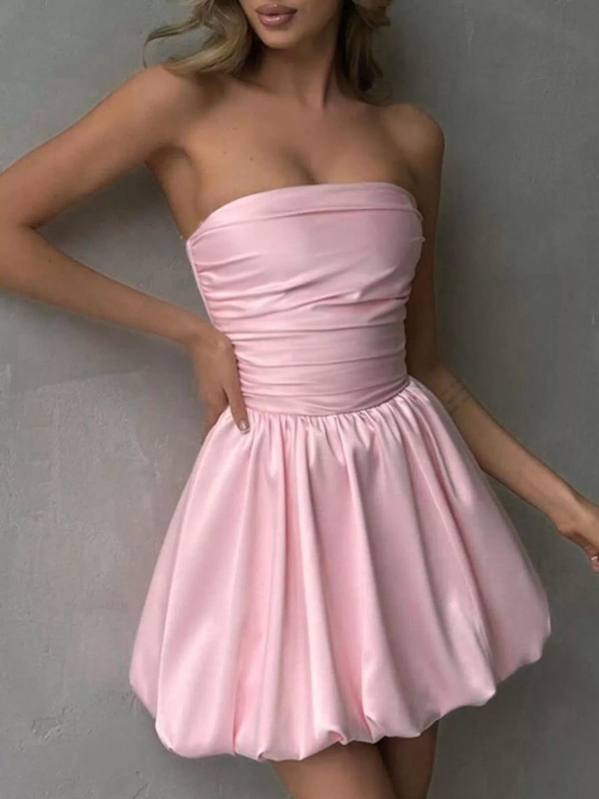 Strapless Ruched Bubble Mini Dress in Blush Pink