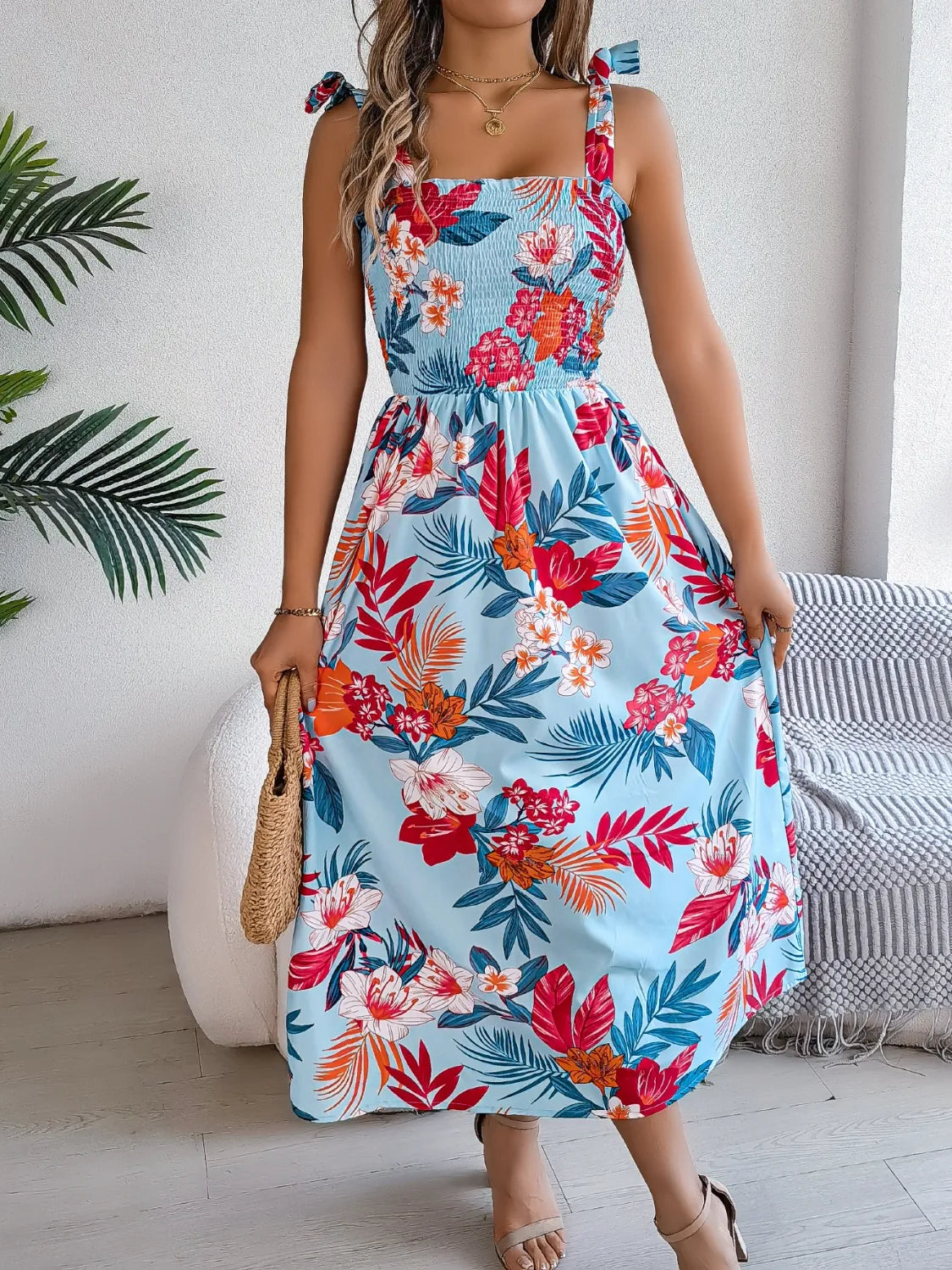 Smocked Floral Tie-Shoulder Midi Dress