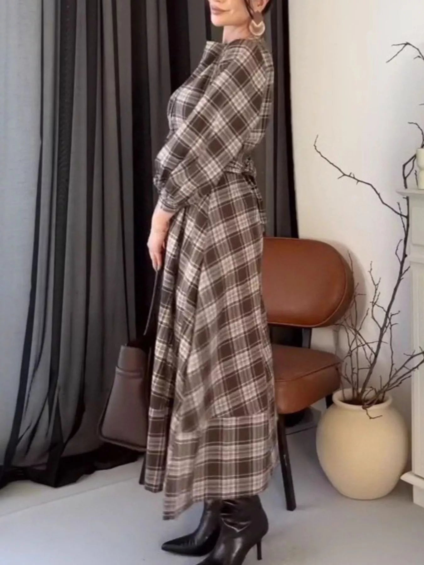 Plaid Puff Sleeve Midi Dress