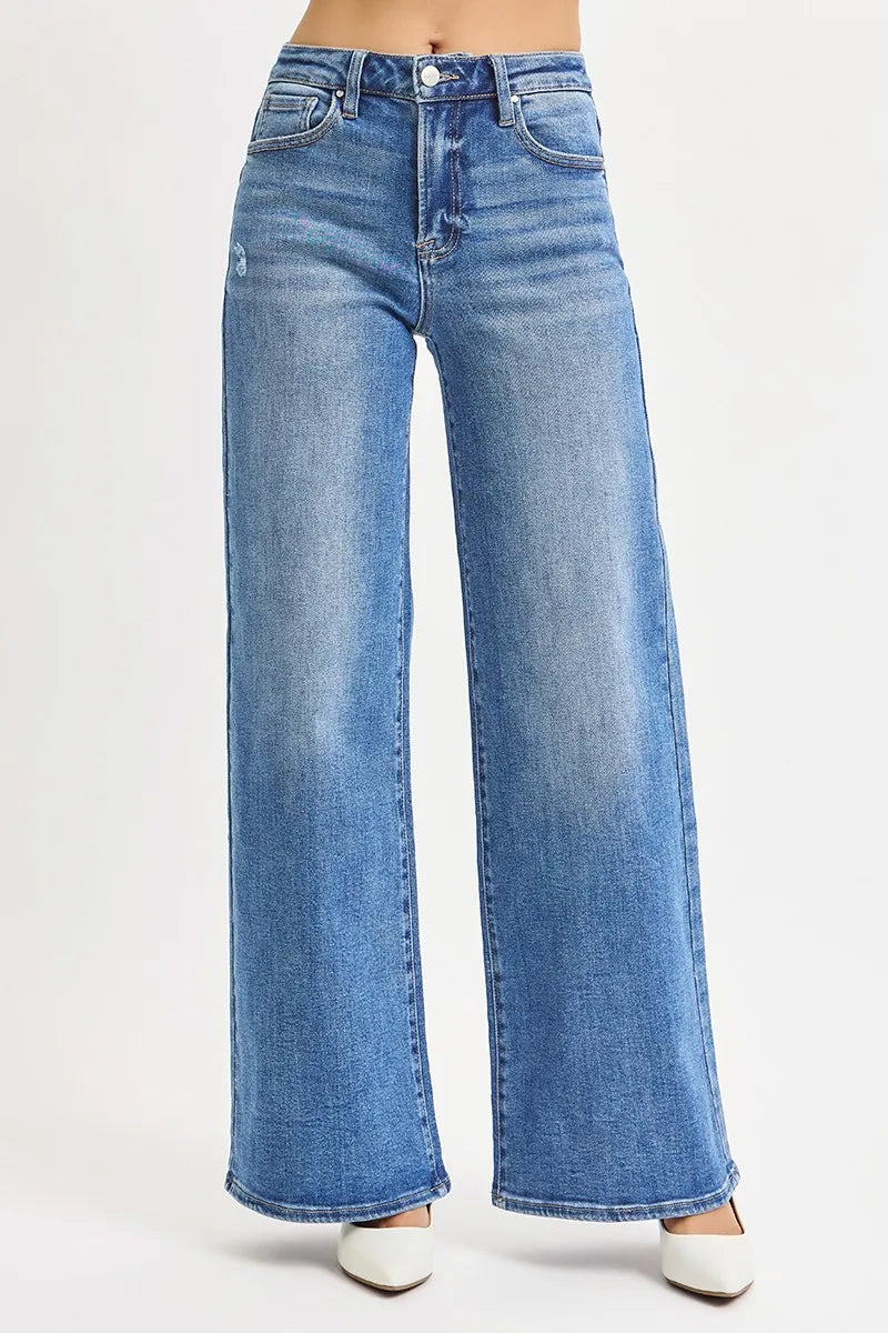 Risen High-Rise Wide Leg Jeans in Medium Wash
