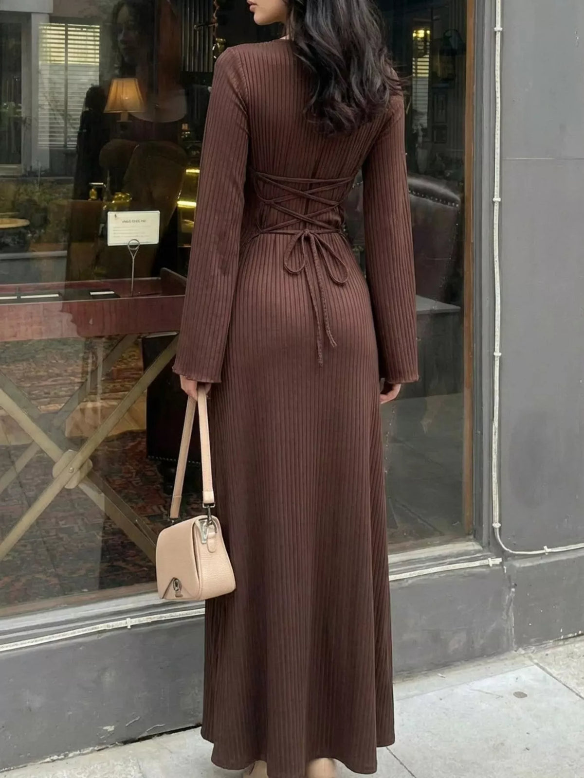 Ribbed Knit Long Sleeve Maxi Dress