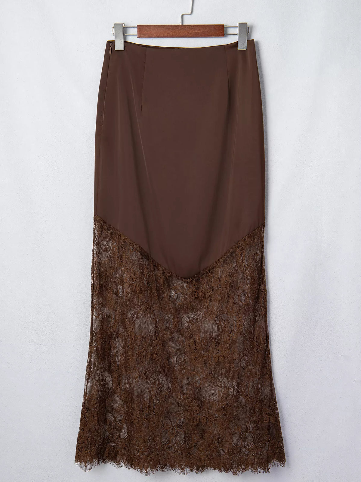 Lace Patchwork Hem Shift Skirt in Dark Brown