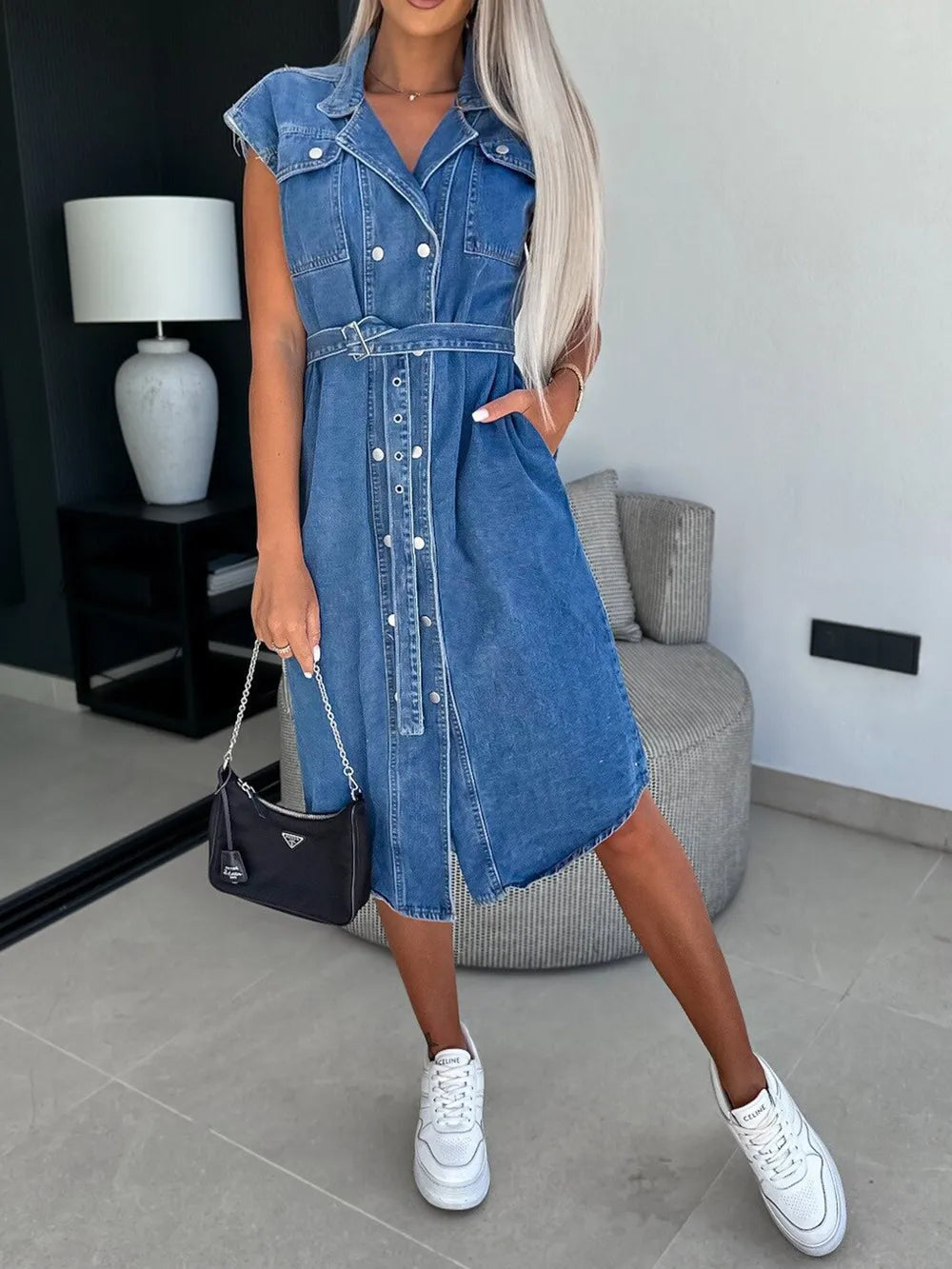 Collared Cap Sleeve Denim Dress by Y.Y@Denim