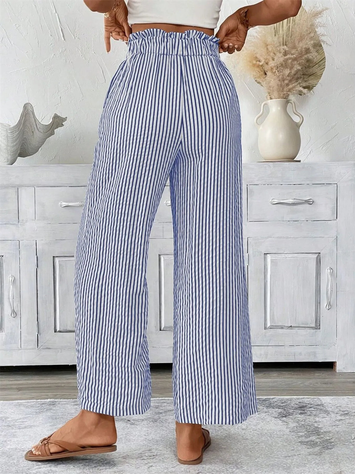 Striped Wide Leg Paper Bag Pants